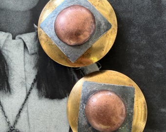 1970s Mega Mixed Metal Geometric Clip On Earrings Large Round Statement Vintage Modernist Style Jewelry
