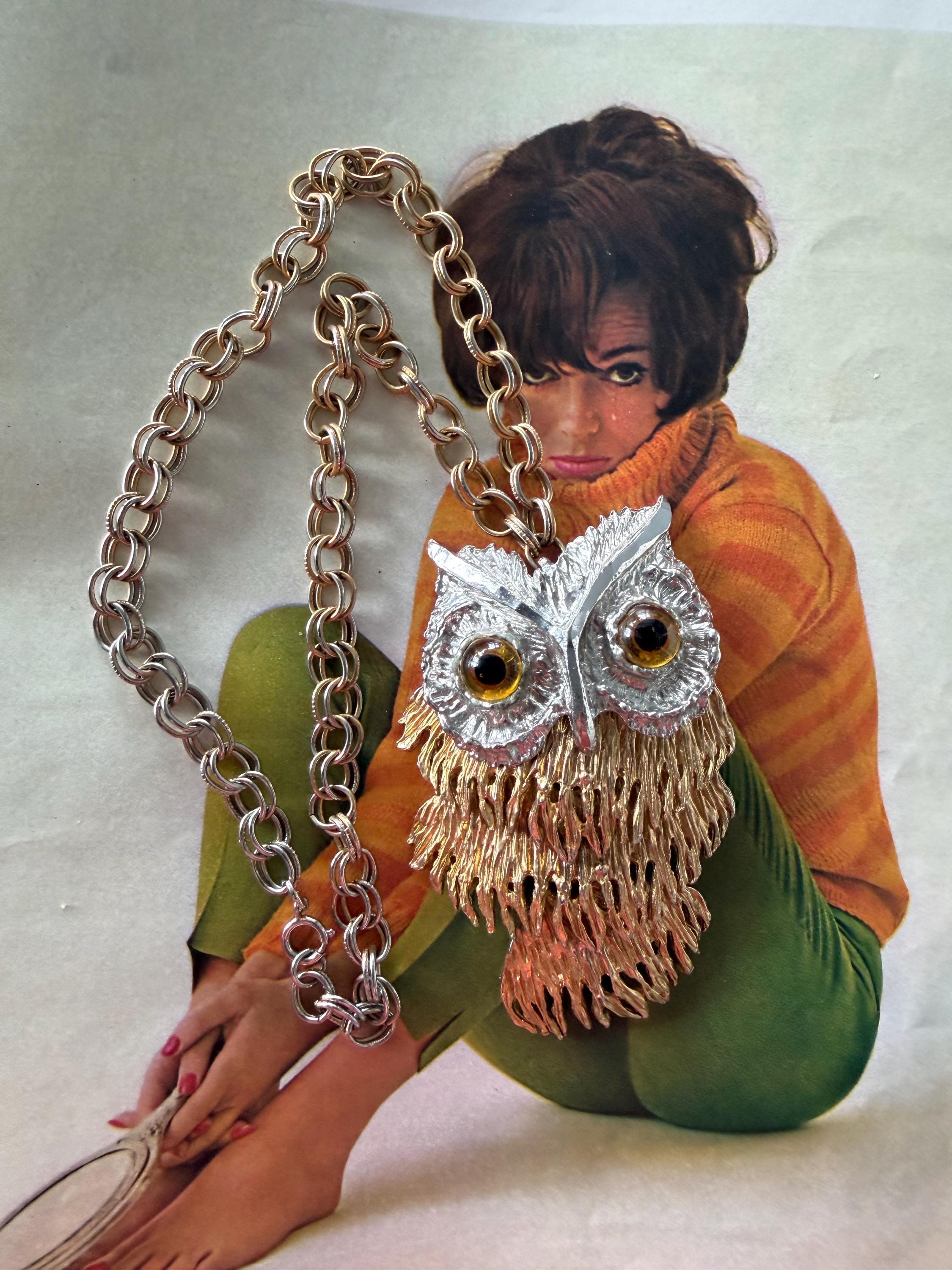 1970s Brutalist Owl Pendant Necklace Mixed Metal Gold Silver Chunky Statement Vintage Costume Articu