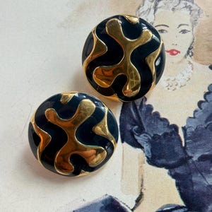 1980s Monet Signed Gold Tone Navy Enamel Button Pierced Earrings Large Round Mod Statement Vintage Jewelry