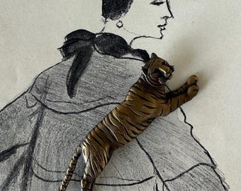 1970s Brass Tiger Brooch Vintage Striped Animal Pin Bold Jungle Jewelry Collectible Wildcat Statement Lapel Accessory