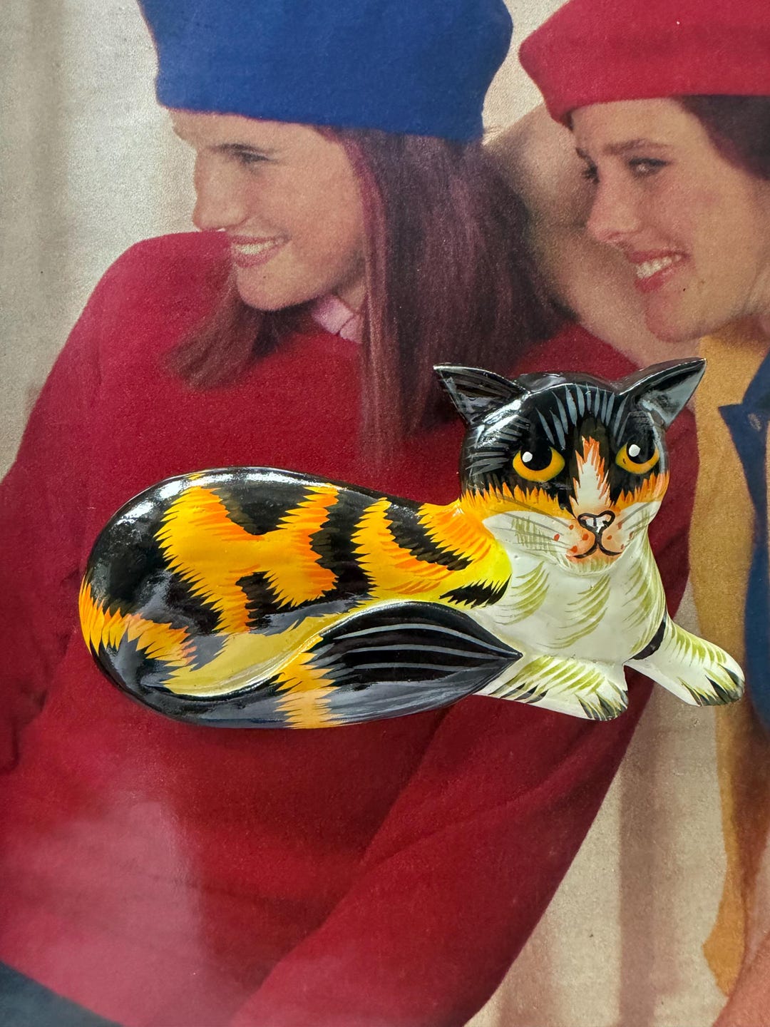 1980s Hand Painted Wooden Cat Brooch Calico Kitty Folk Art Vintage ...