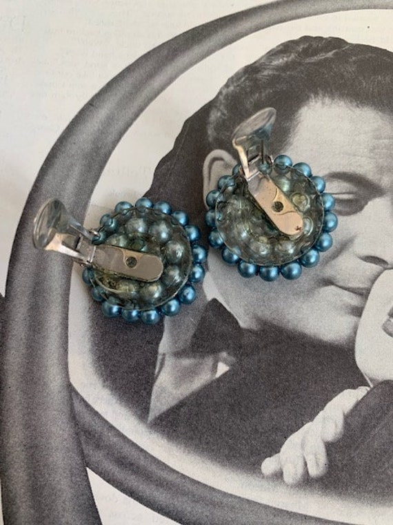 1960s Dusty Blue Green Pearl Button Earrings, 60s… - image 5