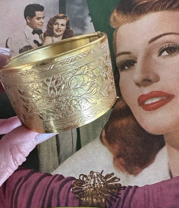 Vintage Signed Miriam Haskell Gold Floral Wide Cu… - image 10