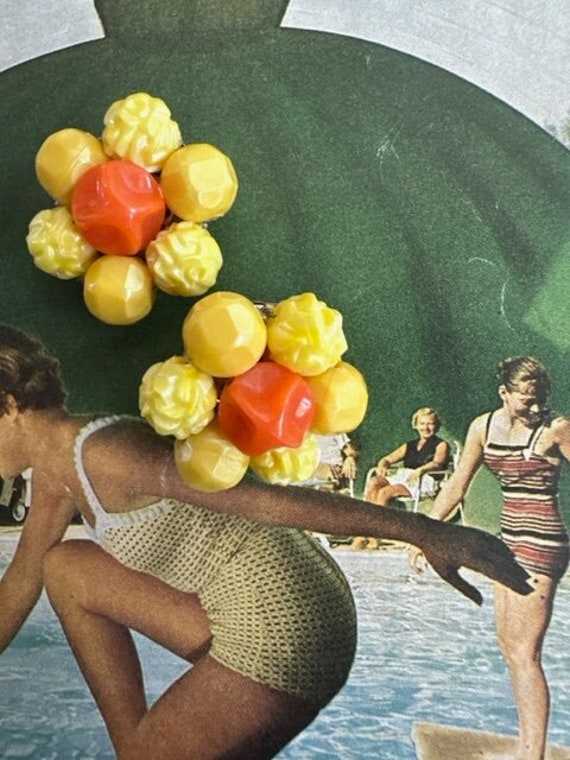 40s Celluloid Beaded Earrings, 40s Yellow and Oran