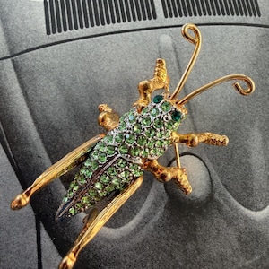 May include: A gold-toned grasshopper brooch with green rhinestone accents. The insect-shaped pin features detailed legs, antennae, and a body covered in sparkling green stones. A unique accessory for jackets, bags, or scarves.