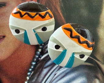 1980s Hand Painted Tribal Face Resin Pierced Earrings Round Statement Teal Orange Black White Retro Jewelry
