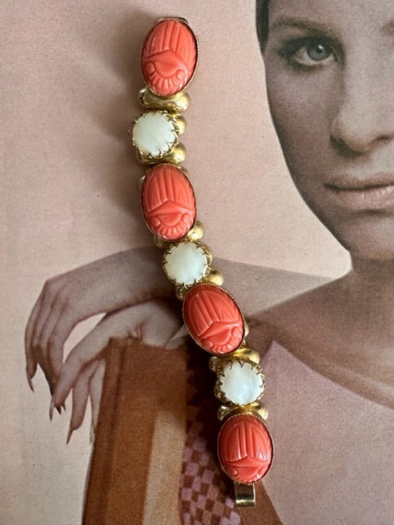 Mid Century Chunky MOP and Faux Coral Cabochon Li… - image 2