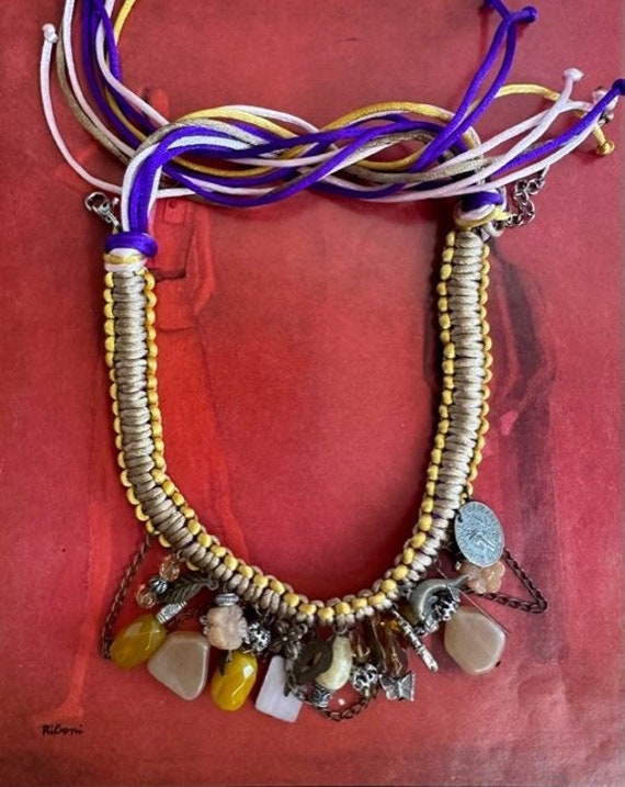 70s Treasure Chest Charm Choker, 70s Stone Beads Charm Macrame