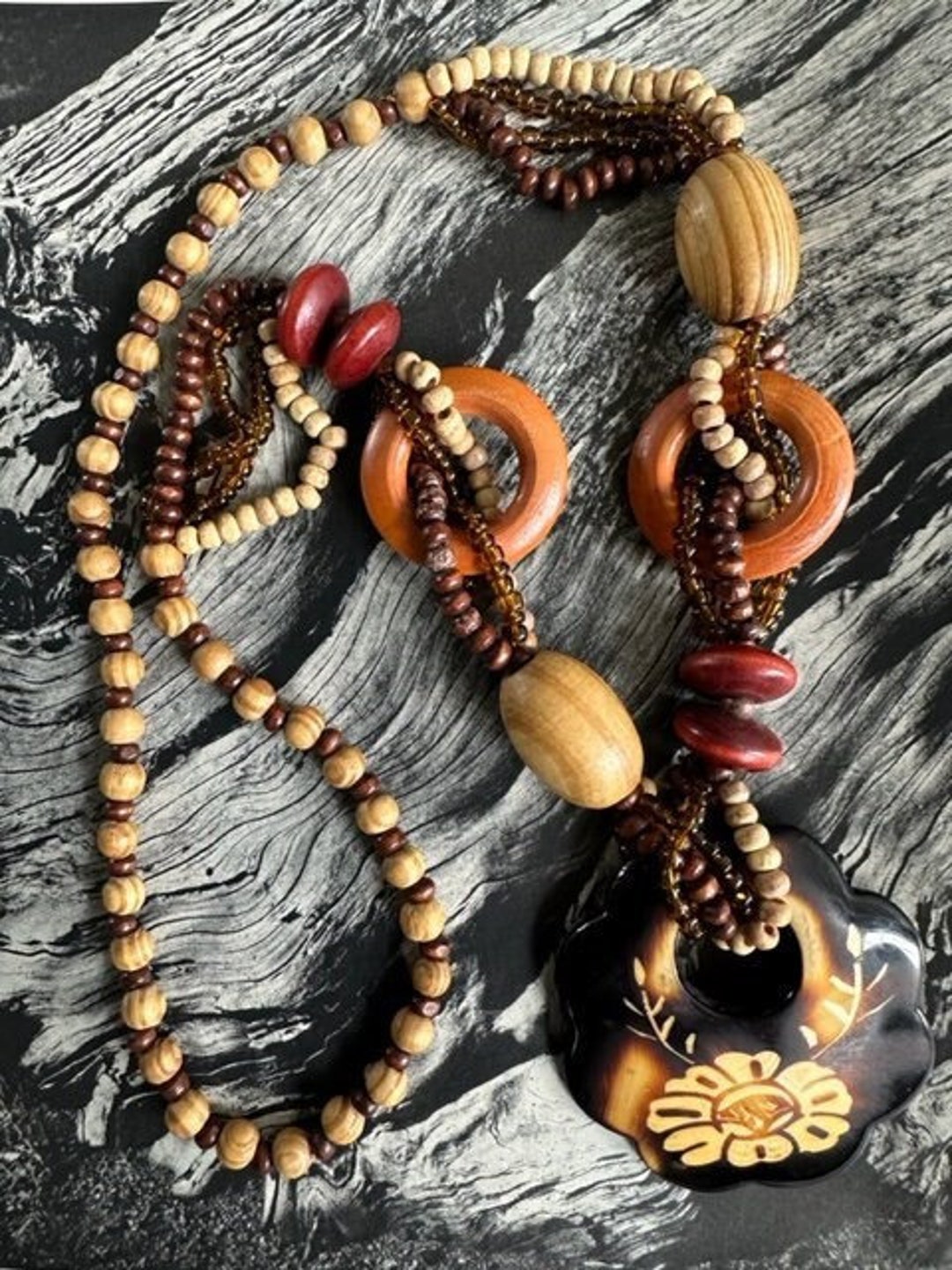 70s Wood Bead With Faux Bone Stenciled Pendant, 70s 70s Wood Bead With Faux Bone Stenciled Pendant, 70s