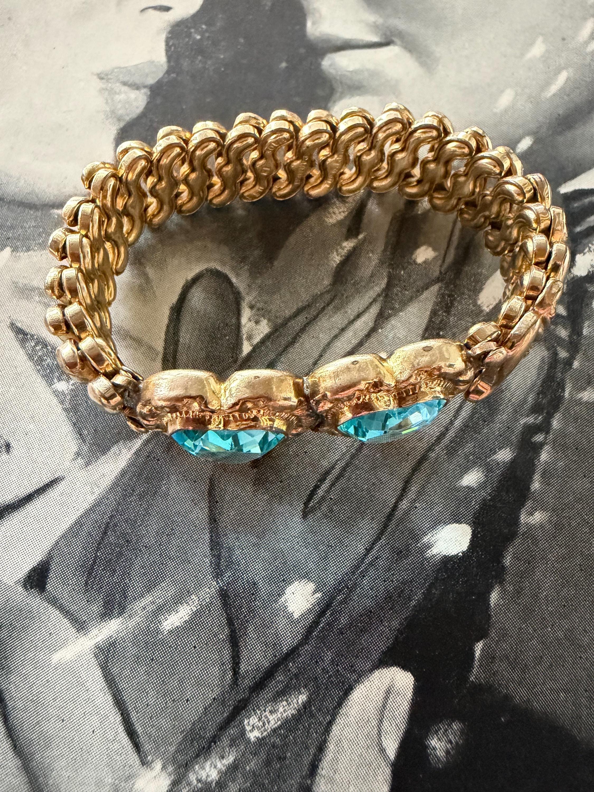 1940s Double Aqua Blue Sweetheart Expansion Bracelet Carmen Signed