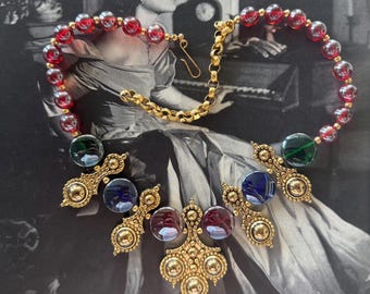 1990s Jose Marie Barrera For Avon unsigned Adriatic Necklace Gripoix Style Glass Red Green Blue Gold Tone Statement Vintage Jewelry