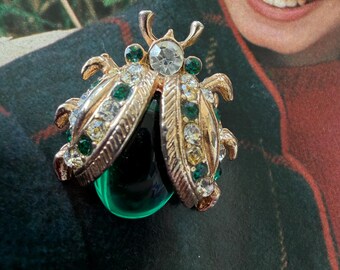 1960s Green Jelly Belly Ladybug Brooch Gold Tone Rhinestone Bug Pin Vintage Mid Century Figural Insect Bug Gift Jewelry