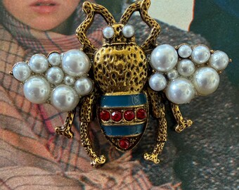 1980s Faux Pearl Bumblebee Brooch Gold Tone Blue Enamel Red Rhinestone Bee Pin Vintage Statement Insect Bug Gift Jewelry