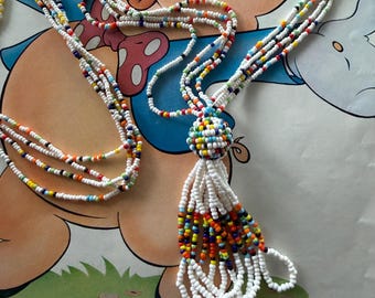 1970s Indian Seed Bead Necklace Four Strand White Multicolor Vintage Boho Tassel Necklace Festival Jewelry