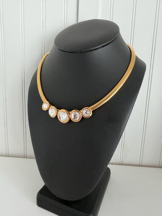 1990s Swarovski Signed Crystal Omega Choker Necklace Gold Tone Sliding Crystal Vintage Designer Statement Jewelry View 4
