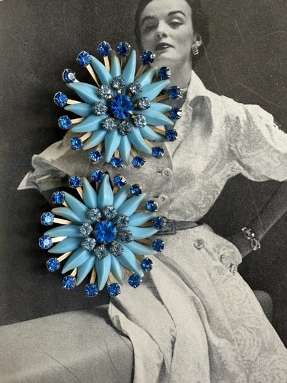 1940s Mega Blue Rhinestone & Plastic Flower Earrin