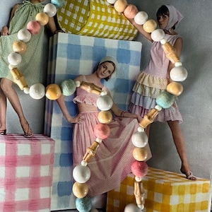 1960s Coro Signed Vintage MCM Bamboo Wood Bead Necklace Mid Century Pastel Jewelry Long Boho Natural Statement Piece