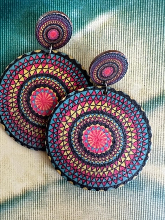 70s Mega Spirograph pattern Dangle Earrings, 70s … - image 6
