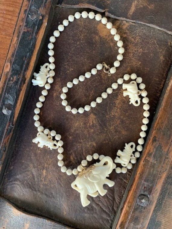 Vintage Elephants & Rose Bead Necklace, Celluloid 