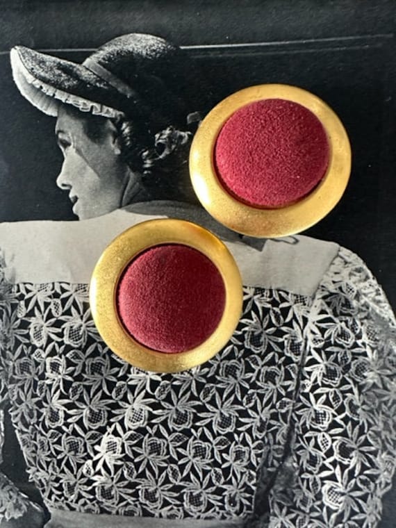 80s Mega Gold Button Earrings with Suede, 80s Mega