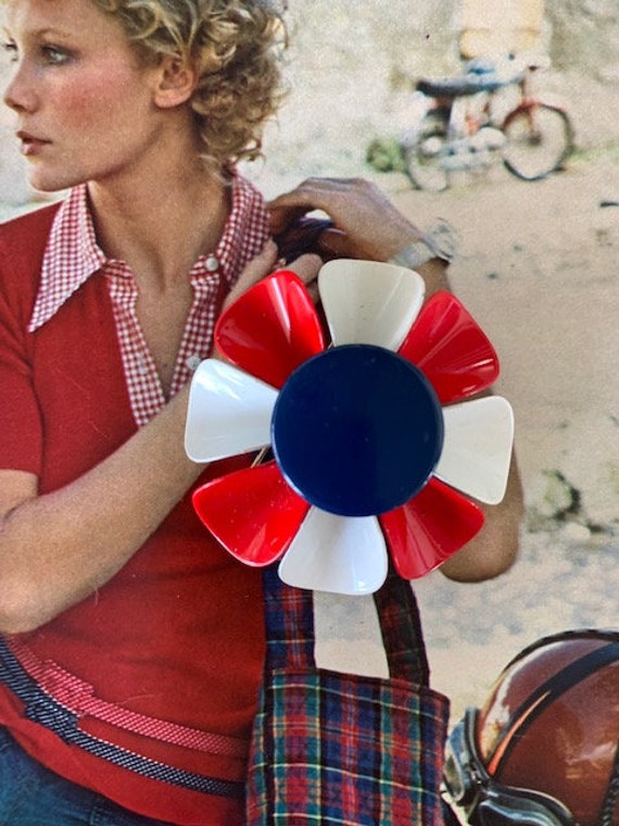 60s Red White Blue Flower Pin, Patriotic Flower Pi