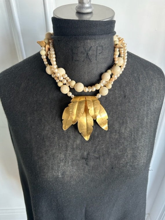 80s Large Gold Leaf Pendant with Beaded Chain, 80… - image 4