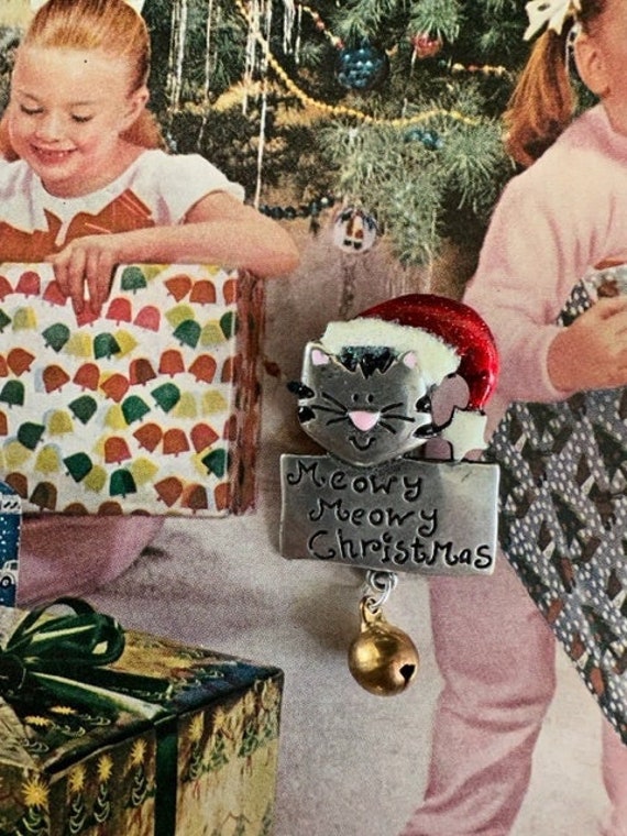 Merry Meowy Christmas Pin, Cat Pin, AJMO signed C… - image 1