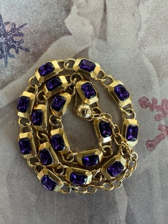 Trifari TM Gold with Purple Crystal Link Necklace… - image 9