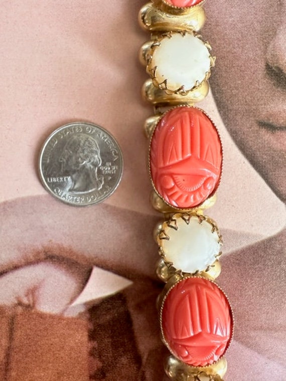Mid Century Chunky MOP and Faux Coral Cabochon Li… - image 3