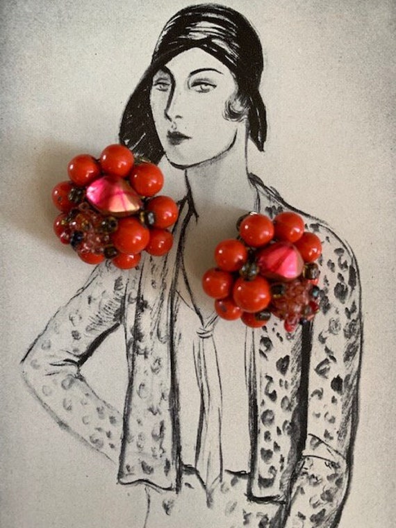 50s Red-Orange Cluster Earrings, Petite Cluster Re