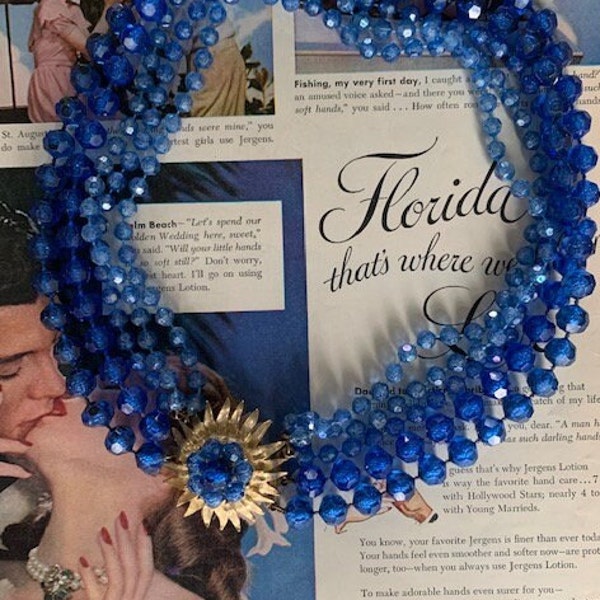 Selini Signed 5-Strand Celluloid Blue Beaded Necklace w/Ornate Clasp, Selini signed 1940-50s Bead 5 Strand Necklace, 5-Strand "Selini" Beads