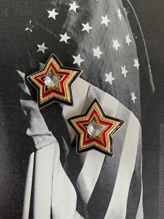 Trifari Red & Navy Blue Enamel Gold Star Earrings,