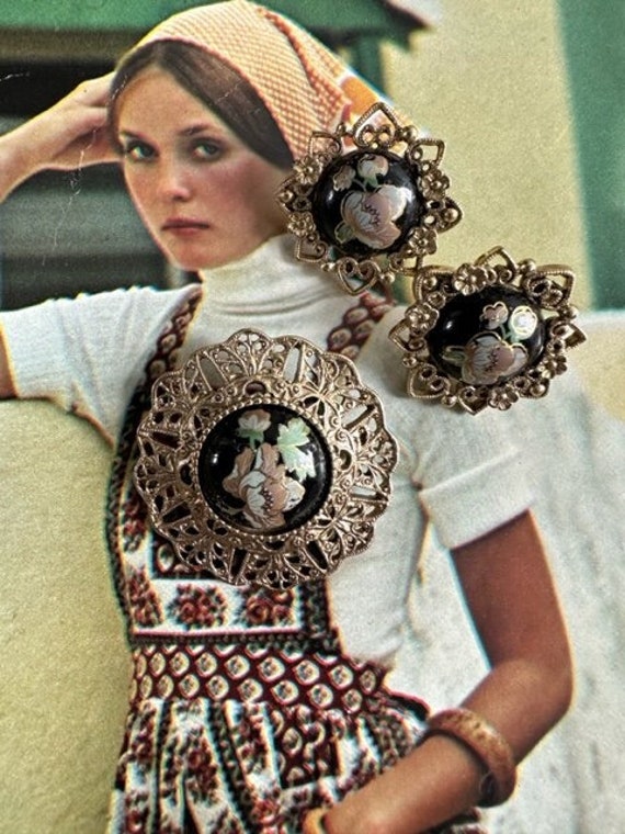 Vintage Filagree Cloisonne Brooch and Earrings, Fi