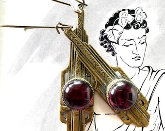1920s Art Deco Brass Dangle Pierced Earrings Purple Glass Cabochon Authentic Geometric Flapper Vintage Jewelry