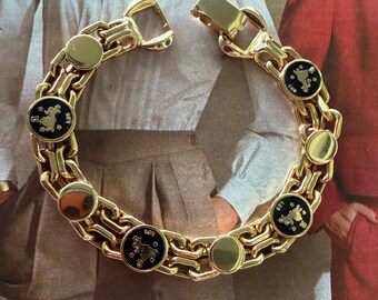 1970s Leo Zodiac Tammey Jewels Signed Bracelet Gold Tone Black Enamel Lion Astrology Vintage Statement Jewelry