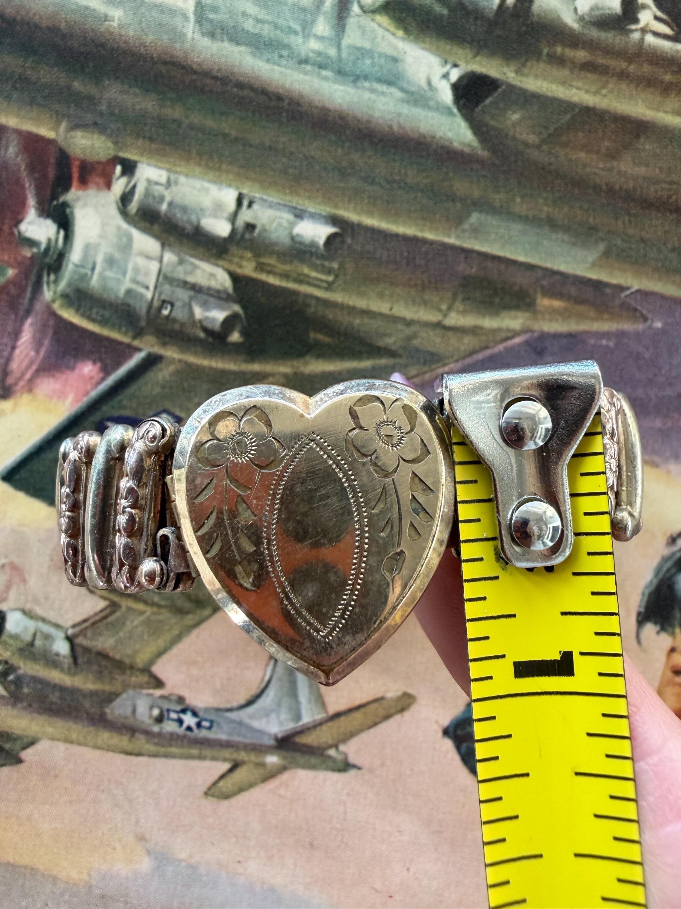 1940s Floral Etched Locket Sweetheart Expansion Bracelet Lustern