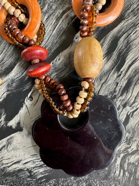 70s Wood Bead With Faux Bone Stenciled Pendant, 70s 70s Wood Bead With Faux Bone Stenciled Pendant, 70s