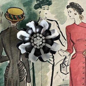 1960s Black And Silver Layered Flower Brooch With Rhinestone Center Vintage Mid Century Floral Costume Jewelry MCM Pin