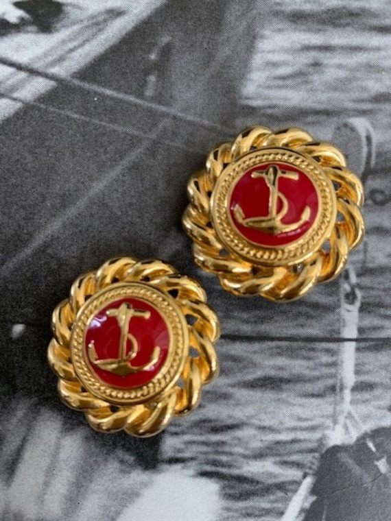 Gold & Red Anchor Button Earrings with Rope Accent
