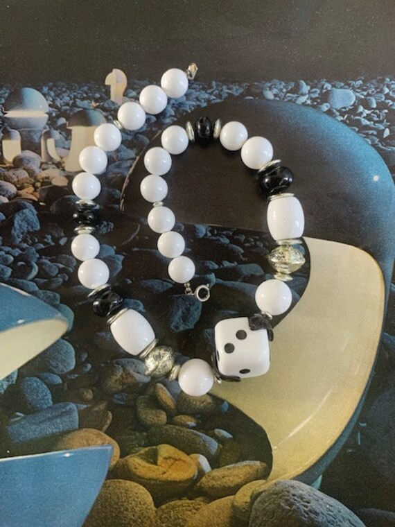 80s Black & White Beaded Necklace, 80s Dice Jewelry, … Gem