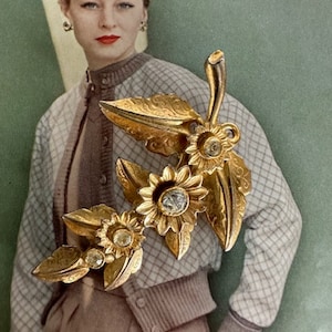 1950s Gold Tone Large Floral Leaf Brooch MCM Big Rhinestone Vintage Statement Pin Mega Flower Mid Century Costume Jewelry