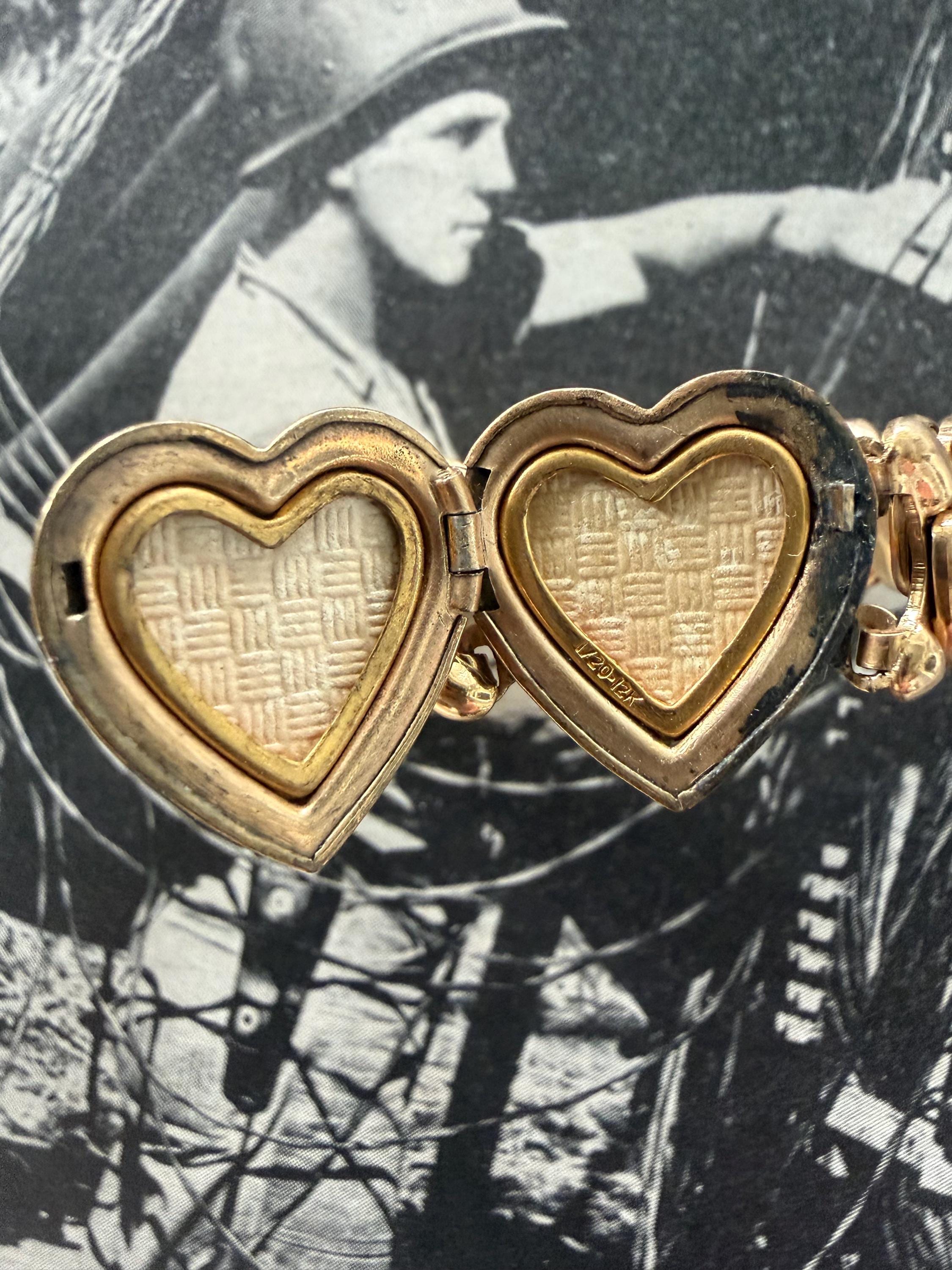 1940s Locket Sweetheart Expansion Bracelet M Signed Vintage Gold