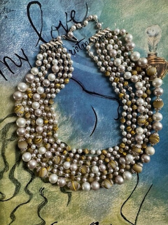 Stunning 50s Pearl Sugar Bead 7 Strand Necklace, … - image 1