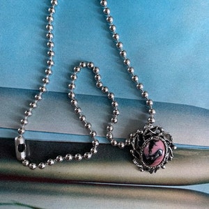 Rhodonite Stone Brooch Necklace, Rhodonite Stone Brooch on Bead Chain, Rhodonite Necklace, Rhodonite Jewelry, Rhodonite Pin,