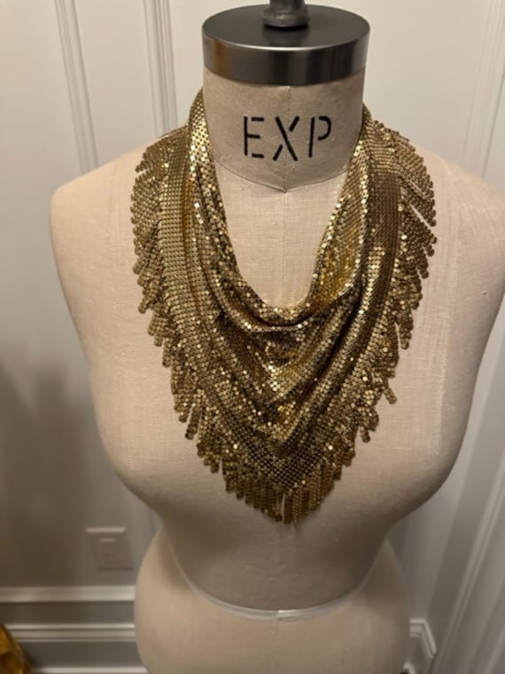 Gold Tone Metal Mesh Draping Bib Necklace with Fri