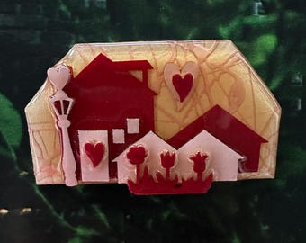 1990s House Pins by Lucinda Signed Valentines Day Brooch Limited Edition #31 Heart Cottage Resin Vintage Folk Art Collectible Pin