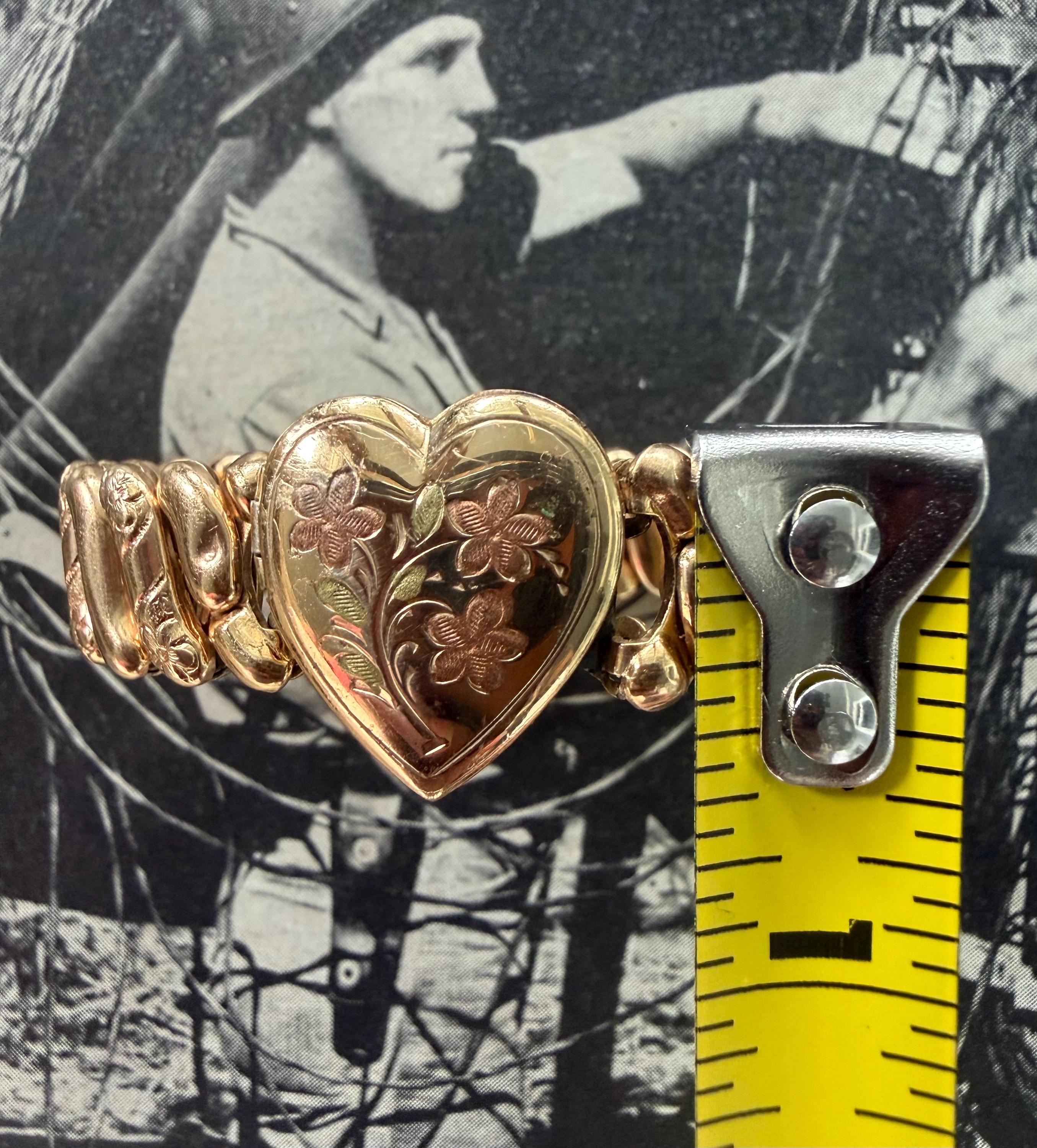 1940s Locket Sweetheart Expansion Bracelet M Signed Vintage Gold