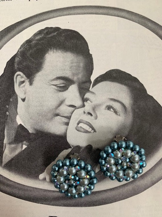 1960s Dusty Blue Green Pearl Button Earrings, 60s… - image 7