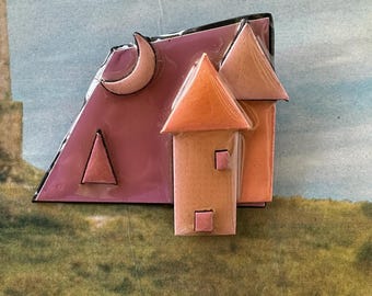 1990s House Pins by Lucinda Vinrage Brooch - Lavender Peach - Real Estate Realtor Closing & Home Builder Gift, Homeless Awareness Art Pin
