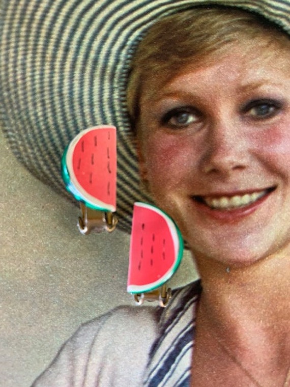 1970s Watermelon Earrings, Watermelon Slice Earri… - image 1